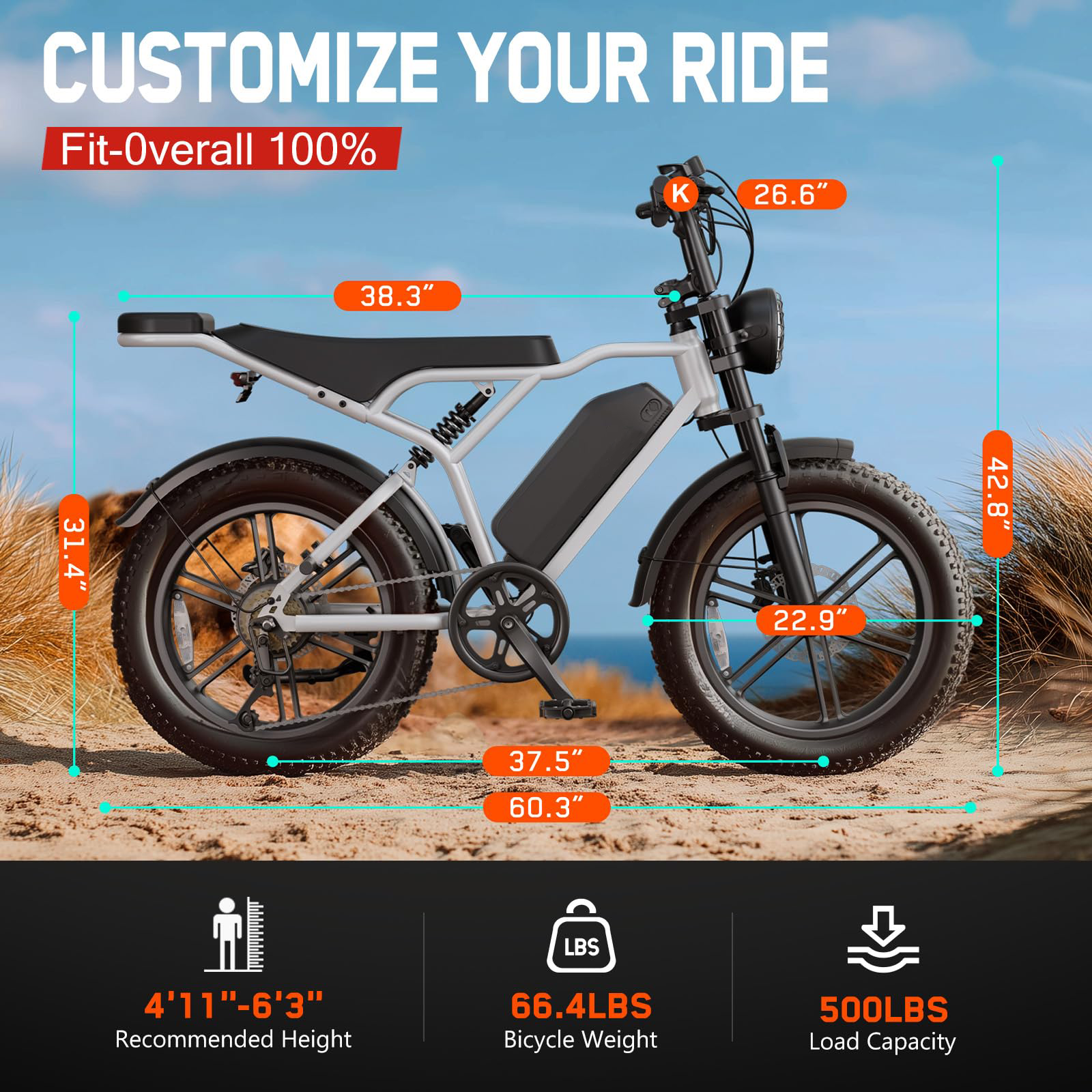Vélo Électrique 1500W à Pneus Larges pour Adultes, 48V E-Bike Tout-Terrain 45KM/H