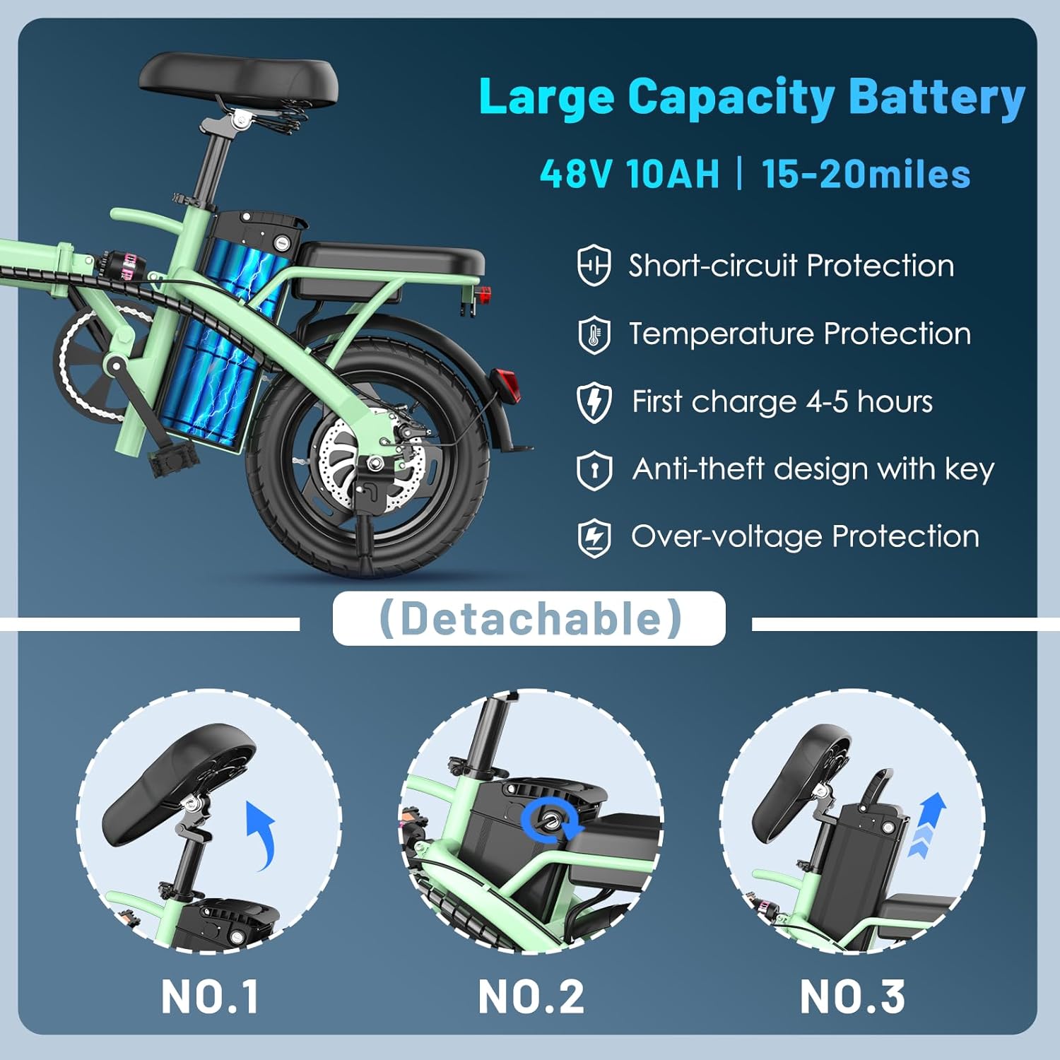 Vélo Électrique Pliable 500W pour Adultes 14" avec Batterie 48V Amovible