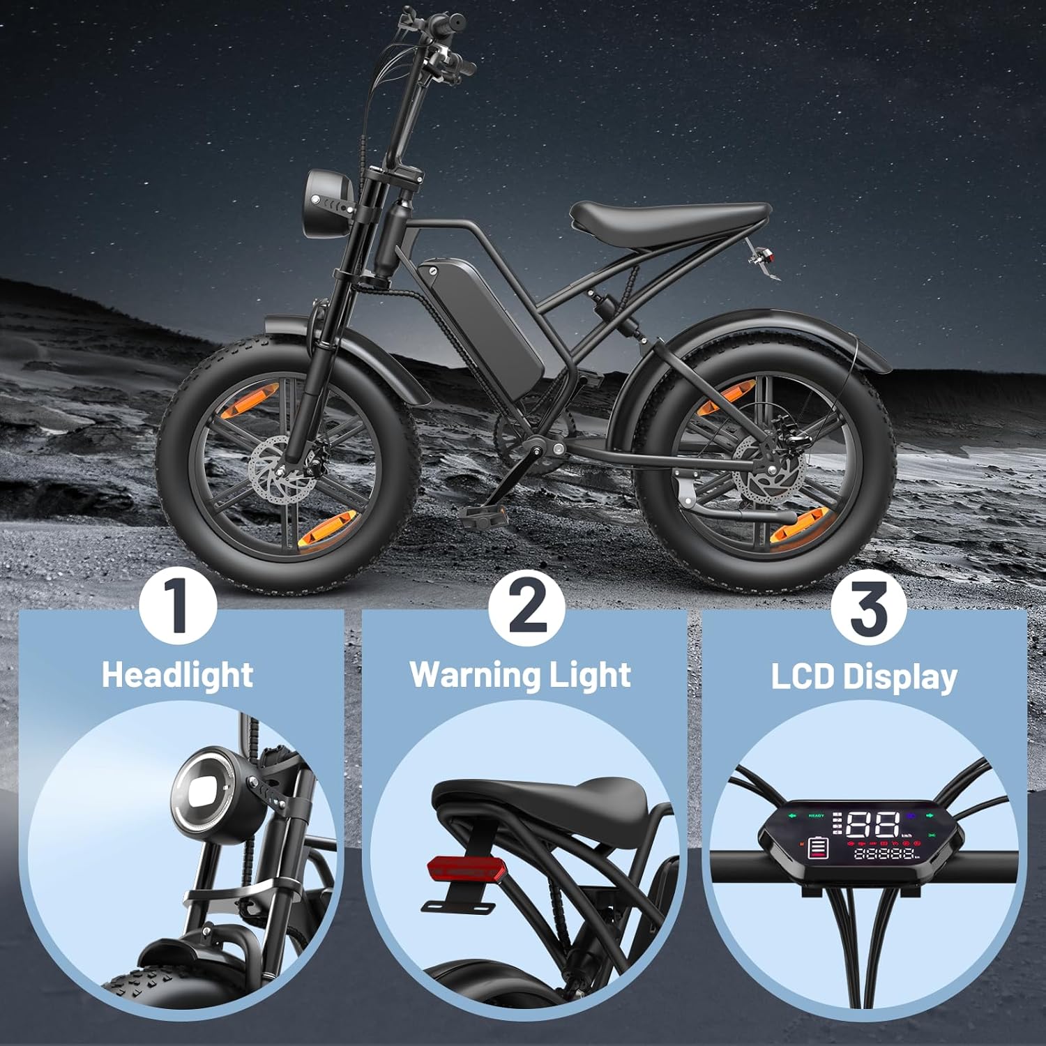 Vélo Électrique E500 1000W Adulte, 20" Pneus Larges, Batterie 48V Amovible