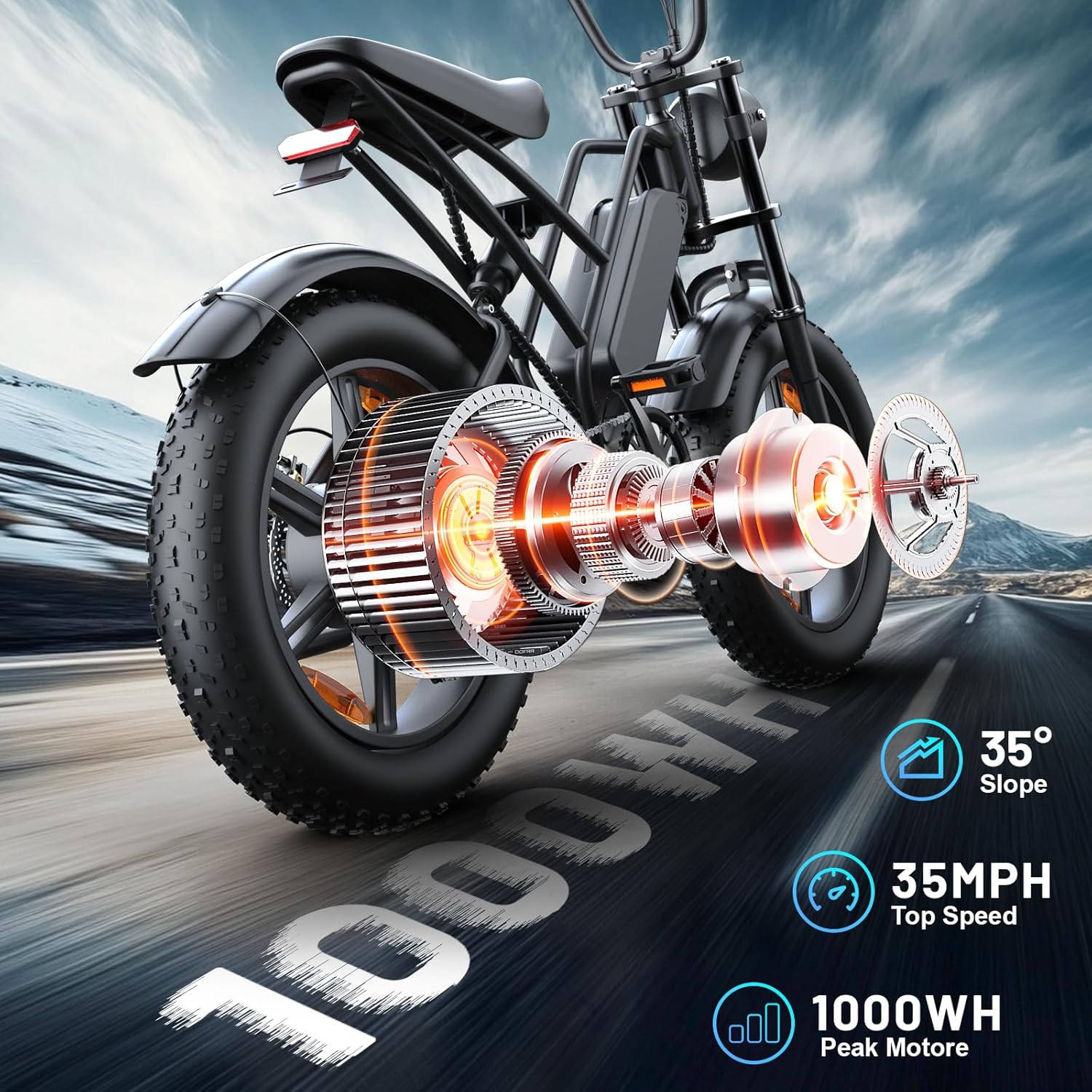 Vélo Électrique E500 1000W Adulte, 20" Pneus Larges, Batterie 48V Amovible