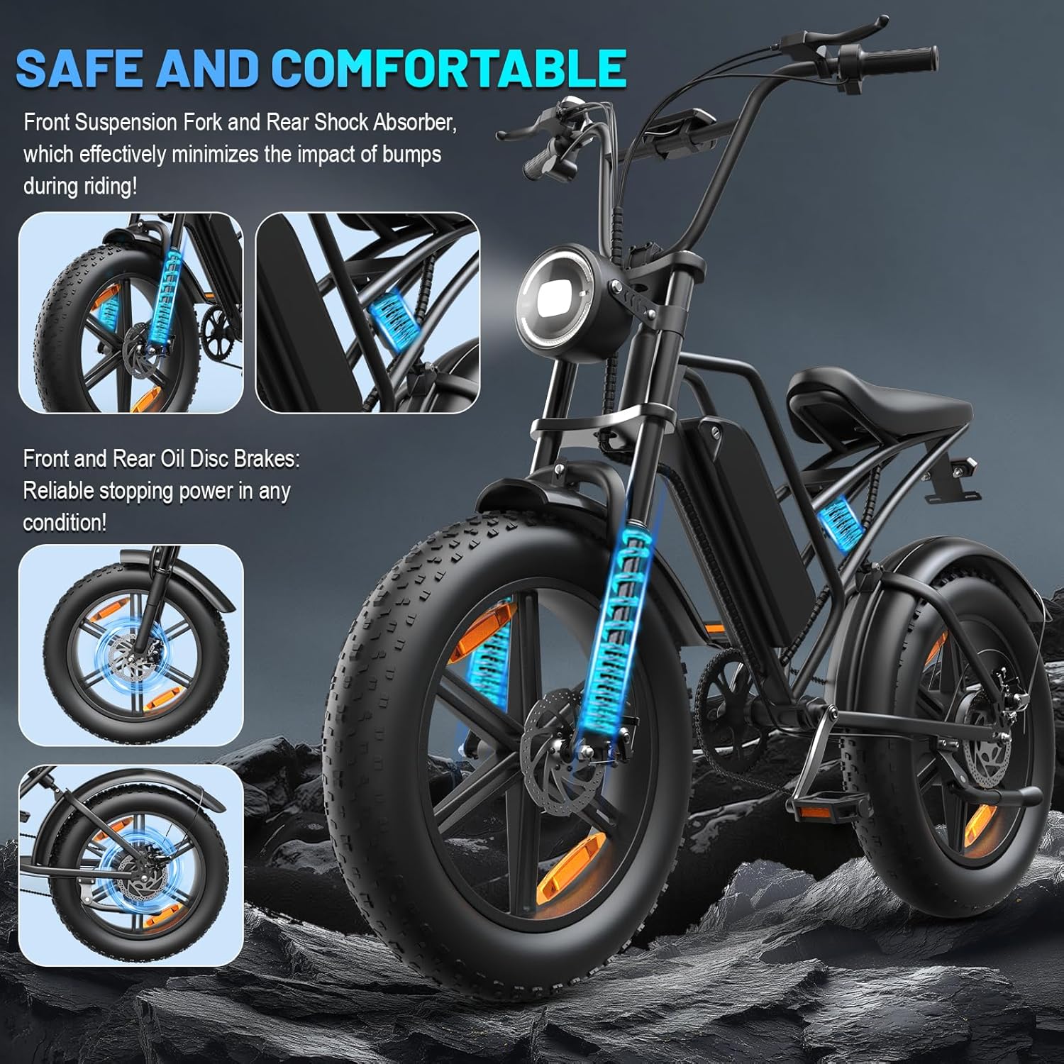 Vélo Électrique E500 1000W Adulte, 20" Pneus Larges, Batterie 48V Amovible