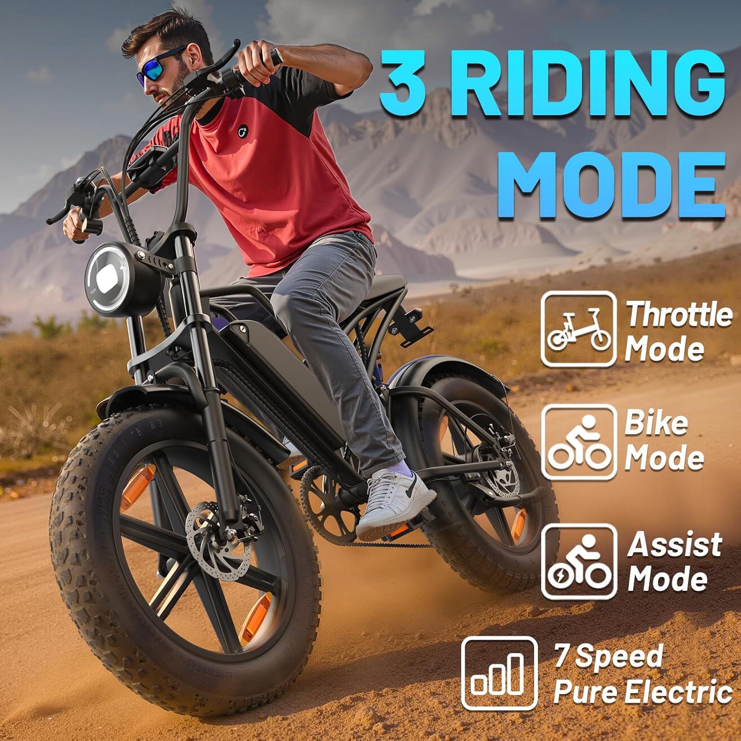 Vélo Électrique E500 1000W Adulte, 20" Pneus Larges, Batterie 48V Amovible