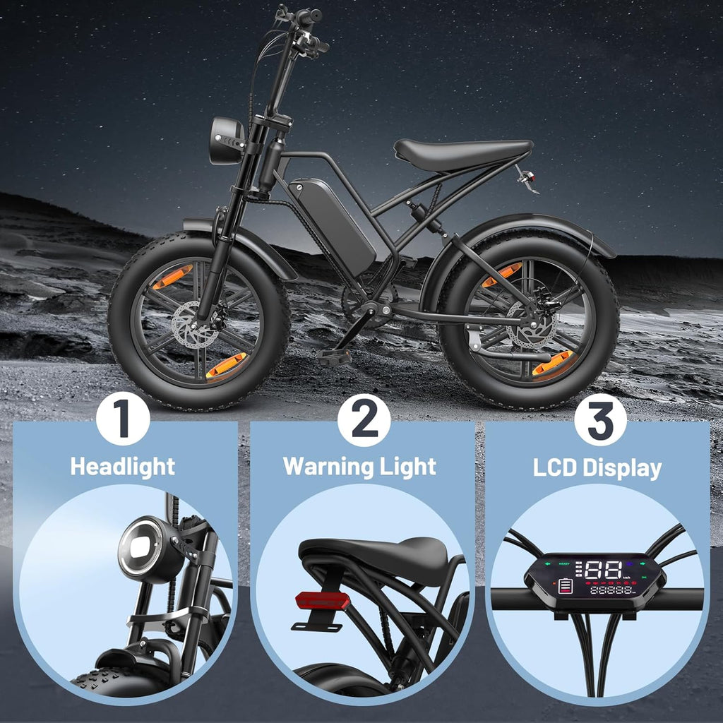 Vélo Électrique E500 1000W Adulte, 20" Pneus Larges, Batterie 48V Amovible
