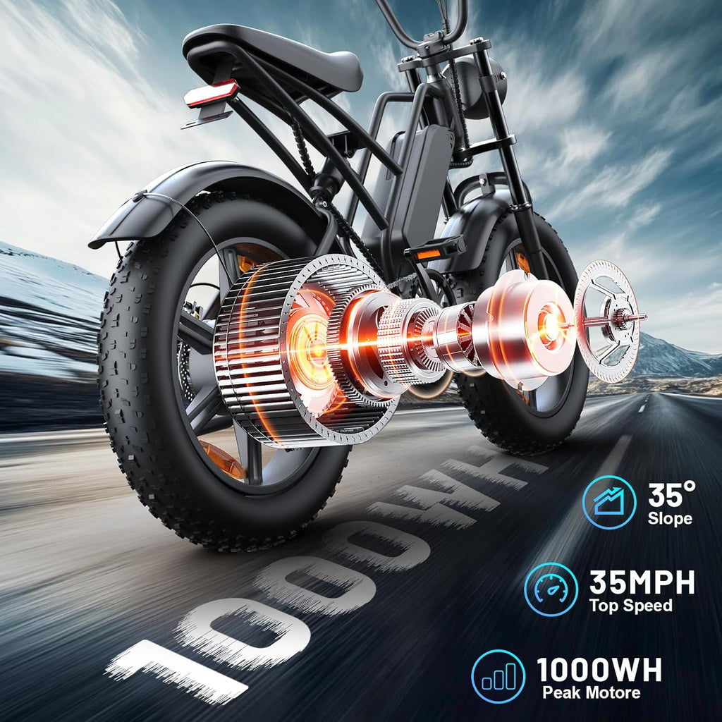 Vélo Électrique E500 1000W Adulte, 20" Pneus Larges, Batterie 48V Amovible